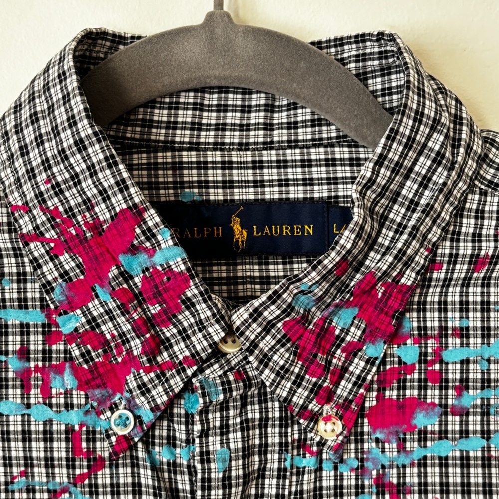 Ralph Lauren Men's Custom Painted Upcycled Button Down Checkered Large Shirt - Picture 5 of 12